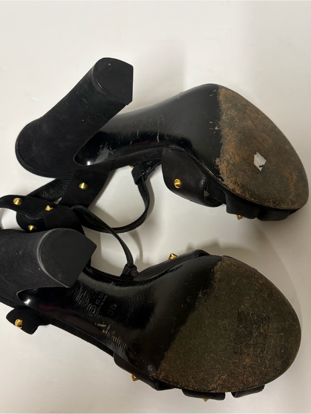 Gucci Black Leather Studded Block Heel Ankle T‑Strap Sandals - Picture 8 of 8